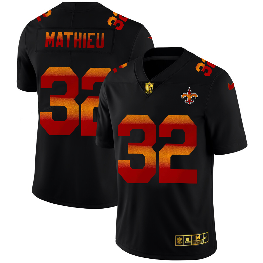 New Orleans Saints #32 Tyrann Mathieu Men's Black Red Orange Stripe Vapor Limited Jersey