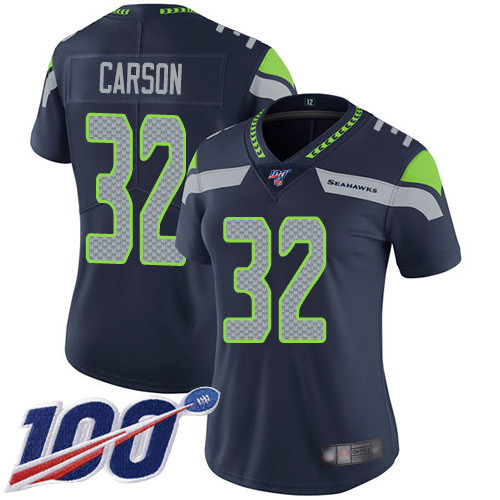 Seattle Seahawks #32 Chris Carson Steel Blue Team Color Women's Stitched 100th Season Vapor Limited Jersey Womens