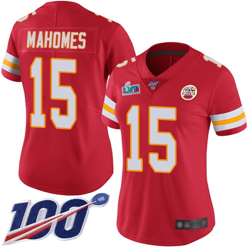 Chiefs #15 Patrick Mahomes Red Team Color Super Bowl LVII Patch Women's Stitched 100th Season Vapor Limited Jersey