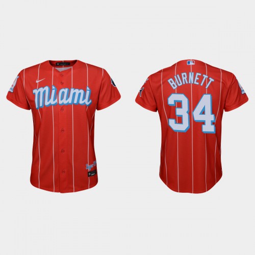 Miami Miami Marlins #34 A.J. Burnett Youth 2021 City Connect Authentic Jersey Red Youth