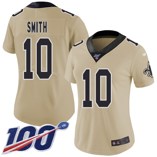 New Orleans Saints #10 Tre'Quan Smith Gold Women's Stitched Limited Inverted Legend 100th Season Jersey Womens