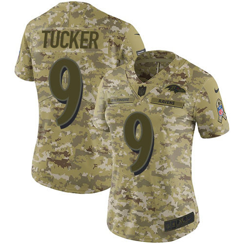 Ravens #9 Justin Tucker Camo Women's Stitched Limited 2018 Salute To Service Jersey