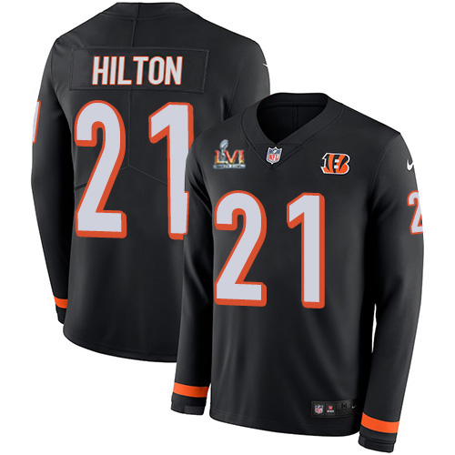 Cincinnati Bengals #21 Mike Hilton Black Team Color Super Bowl LVI Patch Men's Stitched Limited Therma Long Sleeve Jersey Men's