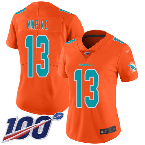 Dolphins #13 Dan Marino Orange Women's Stitched Limited Inverted Legend 100th Season Jersey