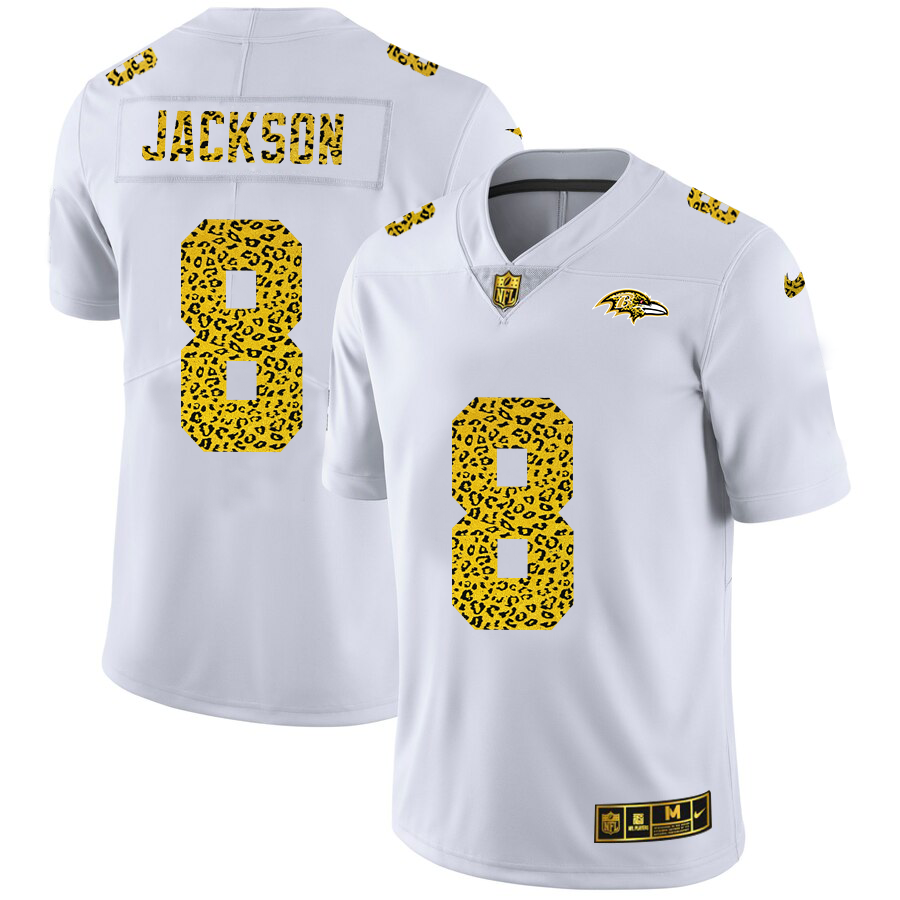 Baltimore Ravens #8 Lamar Jackson Men's Flocked Leopard Print Vapor Limited Jersey White