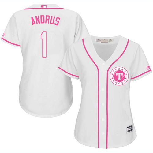 Texas Rangers #1 Elvis Andrus White/Pink Fashion Women's Stitched Jersey Womens