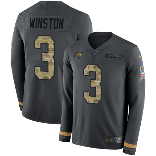 Tampa Bay Buccaneers #3 Jameis Winston Anthracite Salute to Service Youth Stitched Limited Therma Long Sleeve Jersey Youth