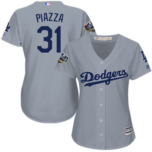 Los Angeles Dodgers #31 Mike Piazza Grey Alternate Road 2018 World Series Women's Stitched Jersey Womens