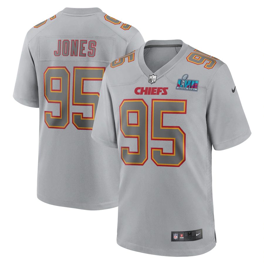 Chiefs #95 Chris Jones Men's Super Bowl LVII Patch Atmosphere Fashion Game Jersey - Gray