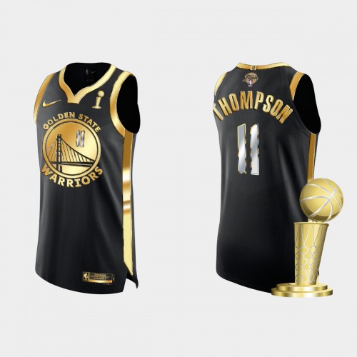 Golden State Golden State Warriors #11 Klay Thompson Mens Golden Black 2021-22 Finals Champions Authentic Jersey Mens
