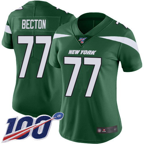 New York Jets #77 Mekhi Becton Green Team Color Women's Stitched 100th Season Vapor Untouchable Limited Jersey Womens