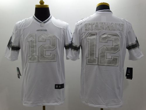 Cowboys #12 Roger Staubach White Men's Stitched Limited Platinum Jersey