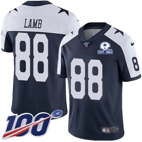 Cowboys #88 CeeDee Lamb Navy Blue Thanksgiving Men's Stitched With Established In 1960 Patch 100th Season Vapor Untouchable Limited Throwback Jers