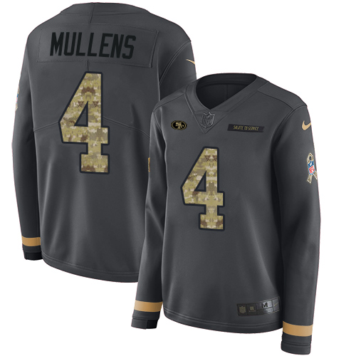 San Francisco 49ers #4 Nick Mullens Anthracite Salute to Service Women's Stitched Limited Therma Long Sleeve Jersey Womens