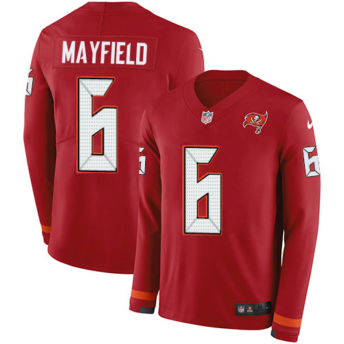 Buccaneers #6 Baker Mayfield Red Team Color Men's Stitched Limited Therma Long Sleeve Jersey