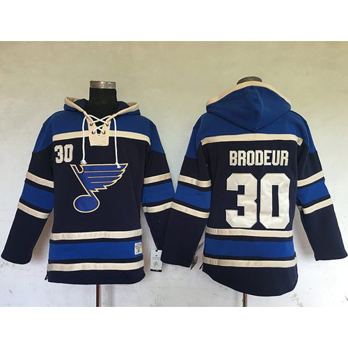 St. Louis Blues #30 Martin Brodeur Navy Blue Sawyer Hooded Sweatshirt Stitched Jersey Men's