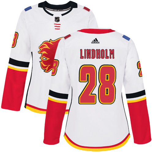 Adidas Calgary Flames #28 Elias Lindholm White Road Authentic Women's Stitched Jersey Womens