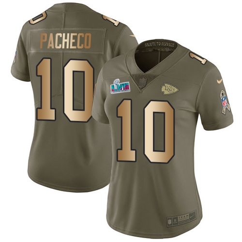 Chiefs #10 Isiah Pacheco Olive/Gold Super Bowl LVII Patch Women's Stitched Limited 2017 Salute To Service Jersey