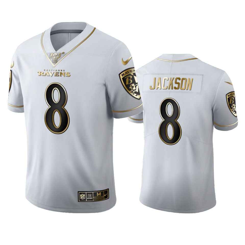 Baltimore Ravens #8 Lamar Jackson Men's White Golden Edition Vapor Limited 100 Jersey