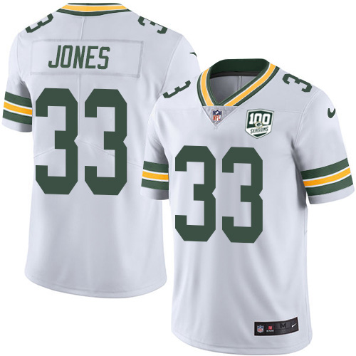 Packers #33 Aaron Jones White Men's 100th Season Stitched Vapor Untouchable Limited Jersey