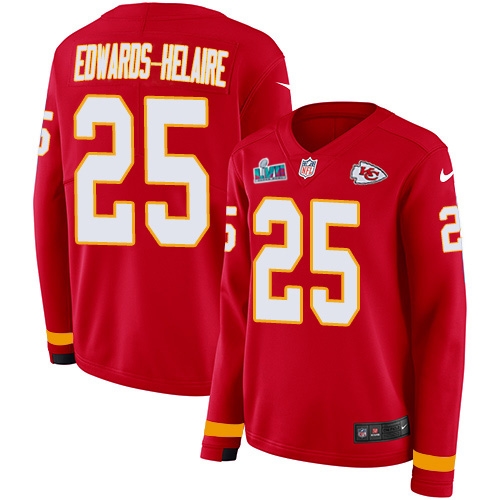 Chiefs #25 Clyde Edwards-Helaire Red Team Color Super Bowl LVII Patch Women's Stitched Limited Therma Long Sleeve Jersey