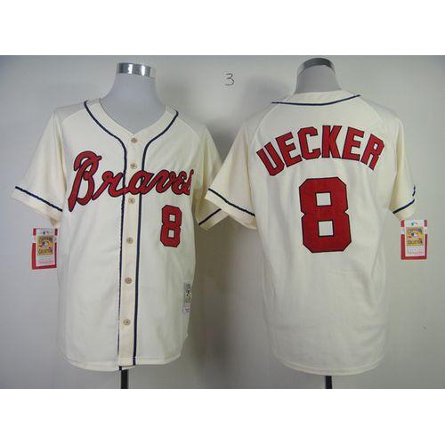 Mitchell and Ness Atlanta Braves #8 Bob Uecker Stitched Cream Throwback Jersey Men's