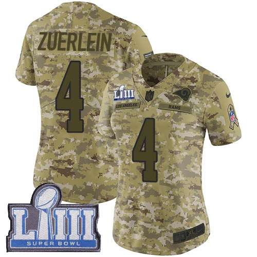 Los Angeles Rams #4 Greg Zuerlein Camo Super Bowl LIII Bound Women's Stitched Limited 2018 Salute to Service Jersey Womens