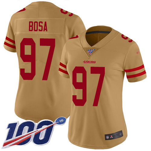 49ers #97 Nick Bosa Gold Women's Stitched Limited Inverted Legend 100th Season Jersey