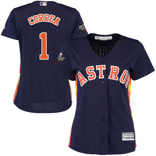 Houston Astros #1 Carlos Correa Navy Blue Alternate 2019 World Series Bound Women's Stitched Jersey Womens