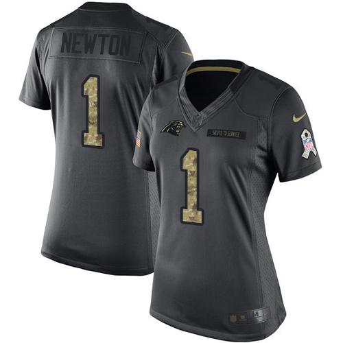 Carolina Panthers #1 Cam Newton Black Women's Stitched Limited 2016 Salute to Service Jersey Womens