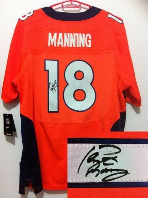 Broncos #18 Peyton Manning Orange Team Color Men's Stitched Elite Autographed Jersey