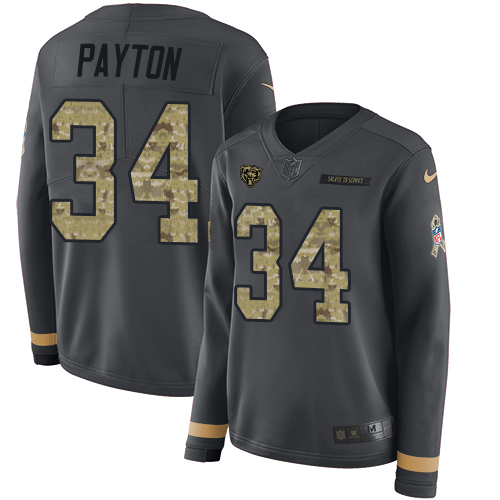 Bears #34 Walter Payton Anthracite Salute To Service Women's Stitched Limited Therma Long Sleeve Jersey