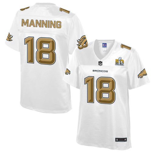Broncos #18 Peyton Manning White Women's Pro Line Super Bowl 50 Fashion Game Jersey