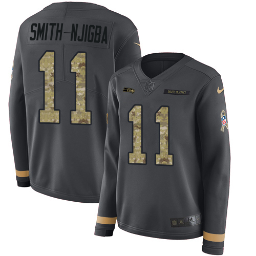 Seahawks #11 Jaxon Smith-Njigba Anthracite Salute To Service Women's Stitched Limited Therma Long Sleeve Jersey