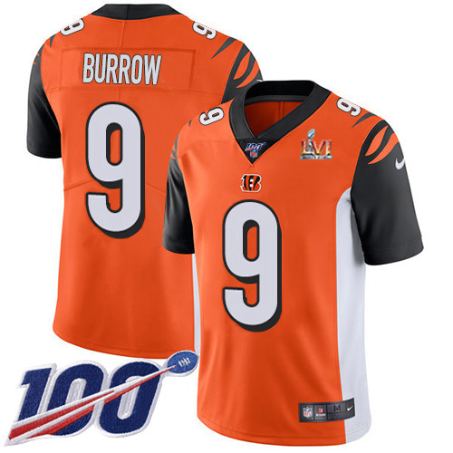 Bengals #9 Joe Burrow Orange Super Bowl LVI Patch Alternate Youth Stitched 100th Season Vapor Limited Jersey