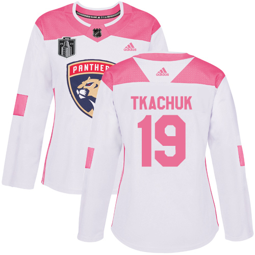 Adidas Panthers #19 Matthew Tkachuk White/Pink 2023 Stanley Cup Final Patch Authentic Fashion Women's Stitched Jersey