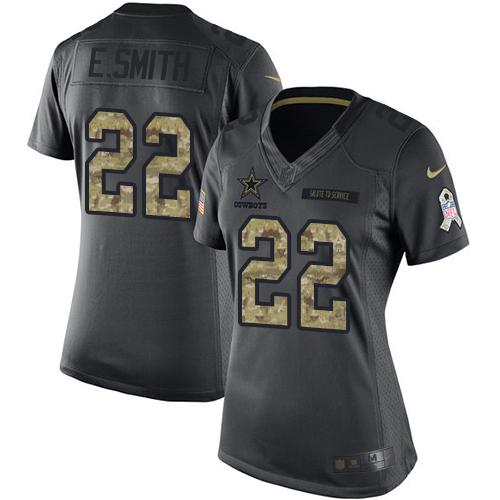 Cowboys #22 Emmitt Smith Black Women's Stitched Limited 2016 Salute To Service Jersey