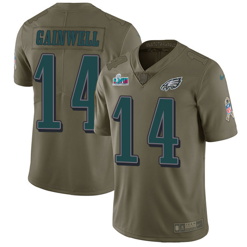 Eagles #14 Kenneth Gainwell Olive Super Bowl LVII Patch Men's Stitched Limited 2017 Salute To Service Jersey