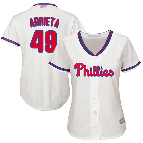 Philadelphia Phillies #49 Jake Arrieta Cream Alternate Women's Stitched Jersey Womens