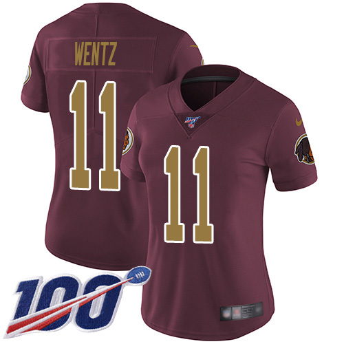 Washington Commanders #11 Carson Wentz Burgundy Red Alternate Women's Stitched 100th Season Vapor Limited Jersey Womens