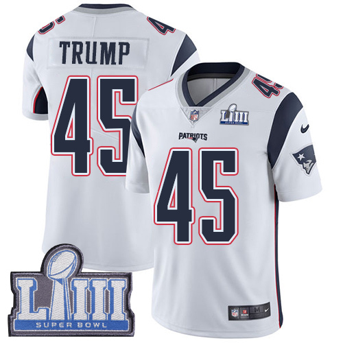 New England Patriots #45 Donald Trump White Super Bowl LIII Bound Men's Stitched Vapor Untouchable Limited Jersey Men's