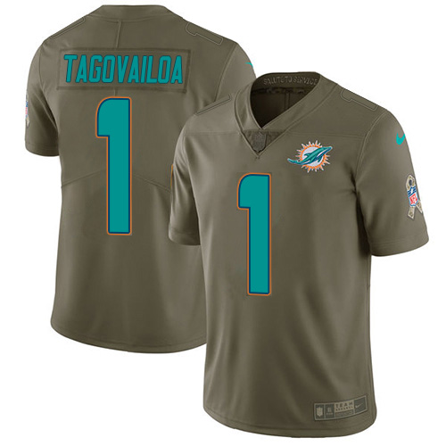 Dolphins #1 Tua Tagovailoa Olive Men's Stitched Limited 2017 Salute To Service Jersey