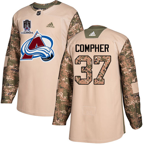 Adidas Colorado Avalanche #37 J.T. Compher Camo Authentic 2022 Stanley Cup Champions Veterans Day Stitched Jersey Men's