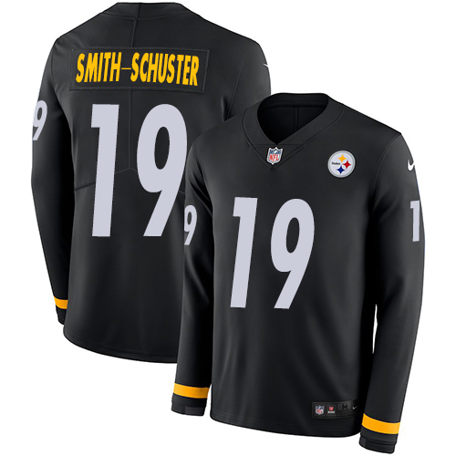 Pittsburgh Steelers #19 JuJu Smith-Schuster Black Team Color Youth Stitched Limited Therma Long Sleeve Jersey Youth