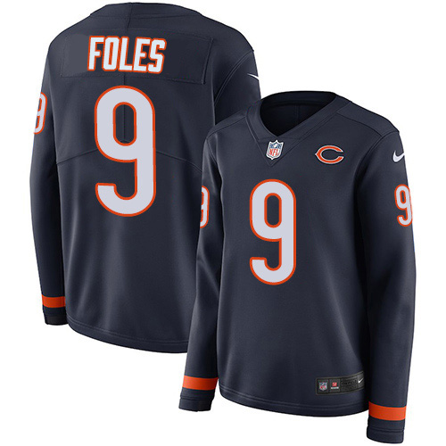 Chicago Bears #9 Nick Foles Navy Blue Team Color Women's Stitched Limited Therma Long Sleeve Jersey Womens
