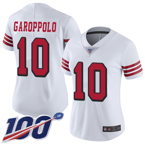 49ers #10 Jimmy Garoppolo White Rush Women's Stitched Limited 100th Season Jersey