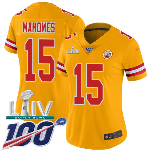 Chiefs #15 Patrick Mahomes Gold Super Bowl LIV 2020 Women's Stitched Limited Inverted Legend 100th Season Jersey