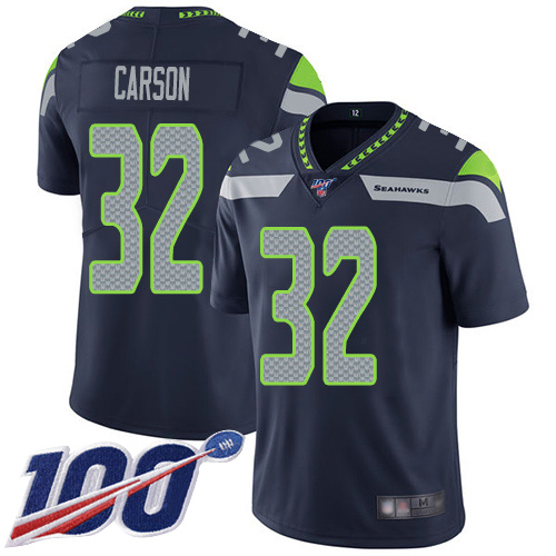 Seattle Seahawks #32 Chris Carson Steel Blue Team Color Men's Stitched 100th Season Vapor Limited Jersey Men's