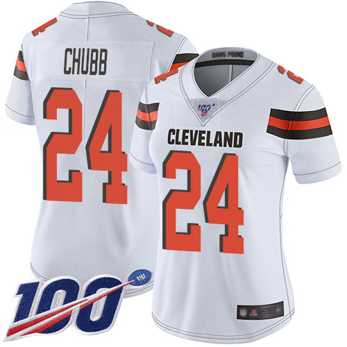 Browns #24 Nick Chubb White Women's Stitched 100th Season Vapor Limited Jersey