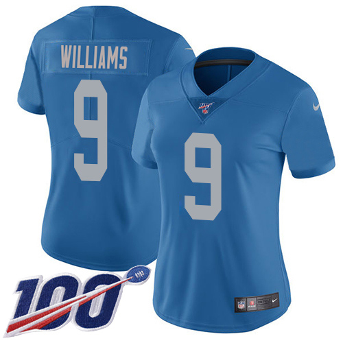 Lions #9 Jameson Williams Blue Throwback Women's Stitched 100th Season Vapor Untouchable Limited Jersey